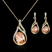Sarkoyar Women Rhinestone Oval Faux Quartz Pendant Ear Stud Earrings Necklace Jewelry Set